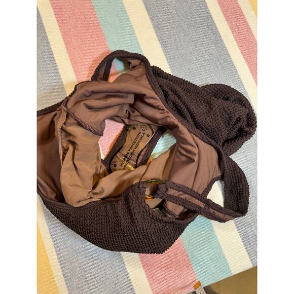 NWOT Brown Waffle One Piece Swimsuit Tortoise Rings Size Large - Picture 3 of 7